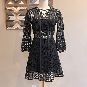 Self-Portrait Black Guipure Lace Crochet A-Line Dress US 4